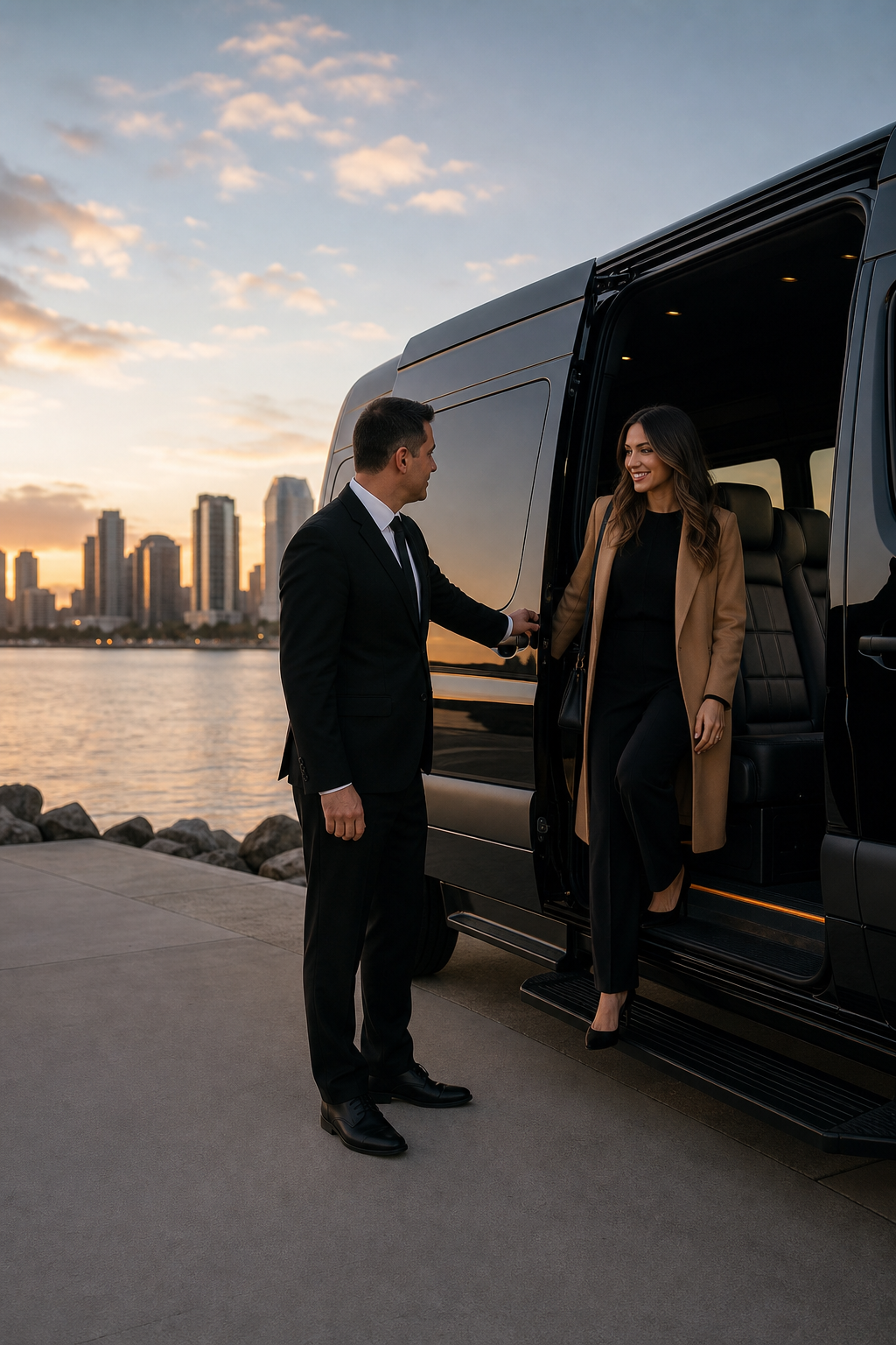 A photorealistic image related to sprinter-van-rental-san-diego-with-driver. Alt: sprinter-van-rental-san-diego-with-driver