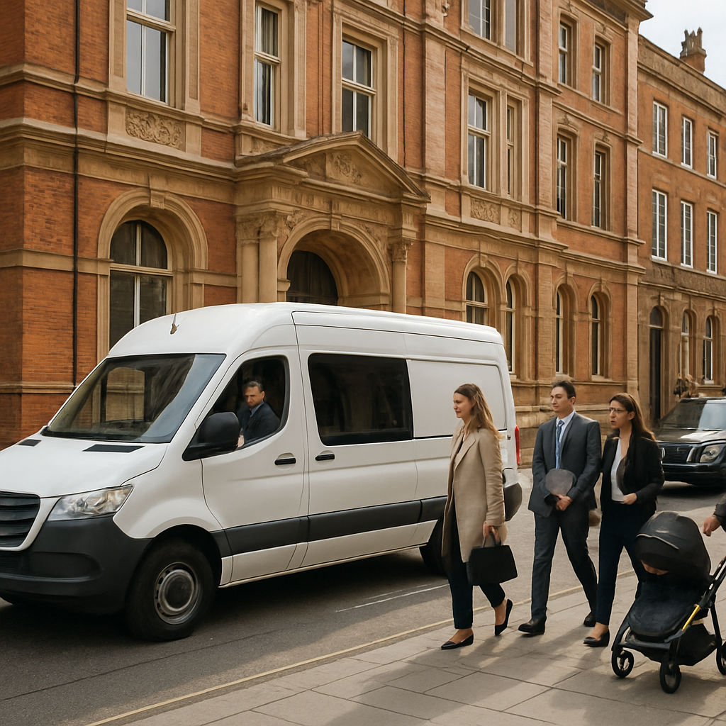 A photorealistic scene of a modern sprinter van parked outside a historic Boston building, driver opening the door for a group of professionals carrying laptops and a stroller, daylight. Alt: sprinter van with driver loading passengers.