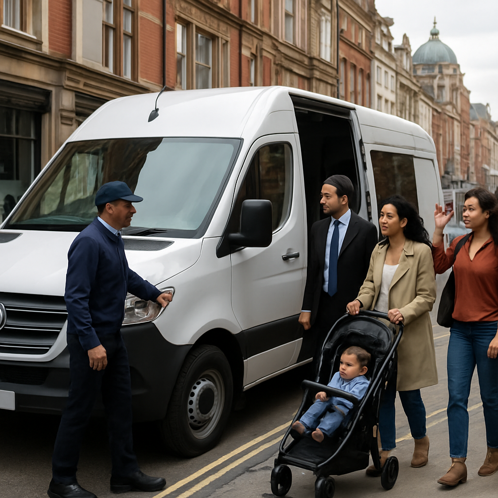 A photorealistic scene of a modern Sprinter van with a professional driver opening the rear door for a group of diverse passengers, including a business executive, a family with a stroller, and a Spanish‑speaking tourist, set against a crisp Boston city street background. Alt: sprinter van with driver safety cleanliness standards