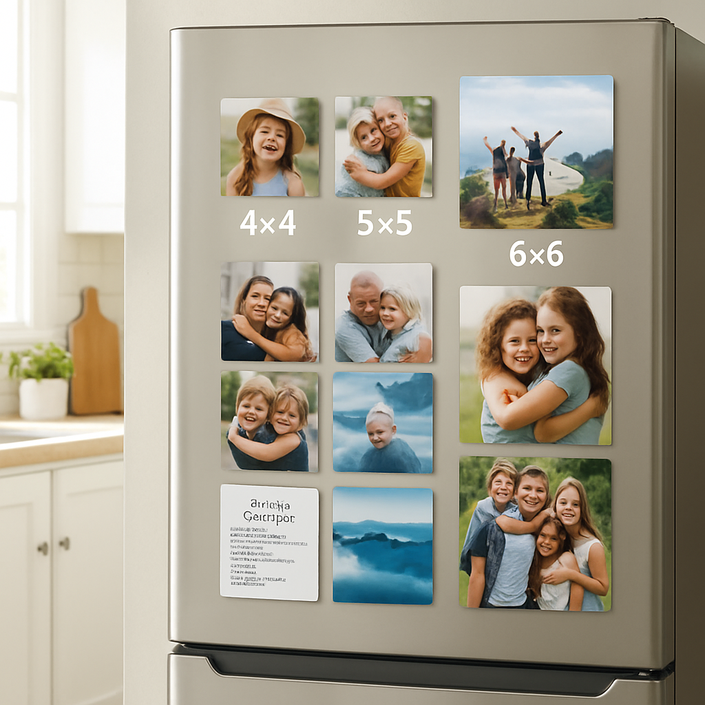 A bright kitchen fridge with a collage of square photo magnets in 4x4, 5x5, and 6x6 sizes showing family photos, travel shots, and a recipe card. Alt: square photo magnets size guide on fridge.