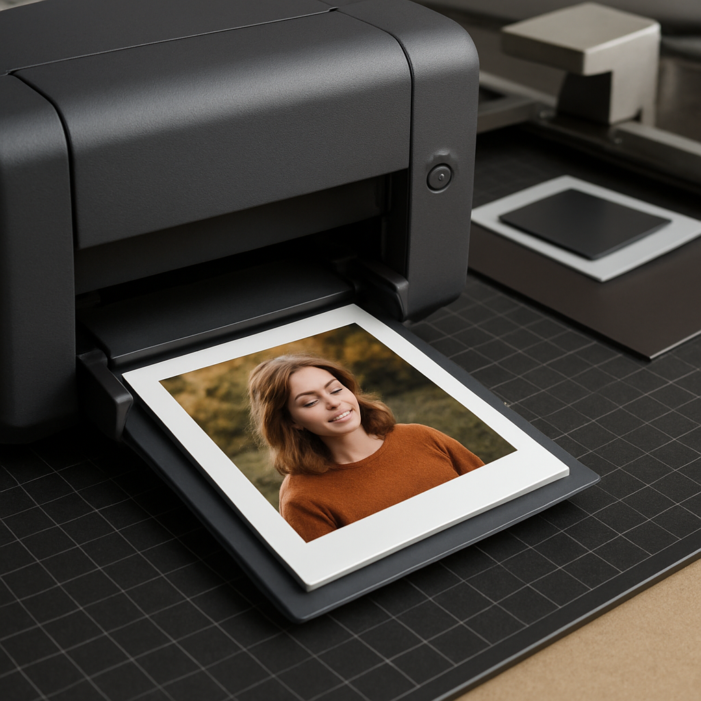 A close‑up of a high‑resolution printer feeding a square photo onto a cutting table, with a magnet backing being applied in the background. Alt: printing and production process for square photo magnets.