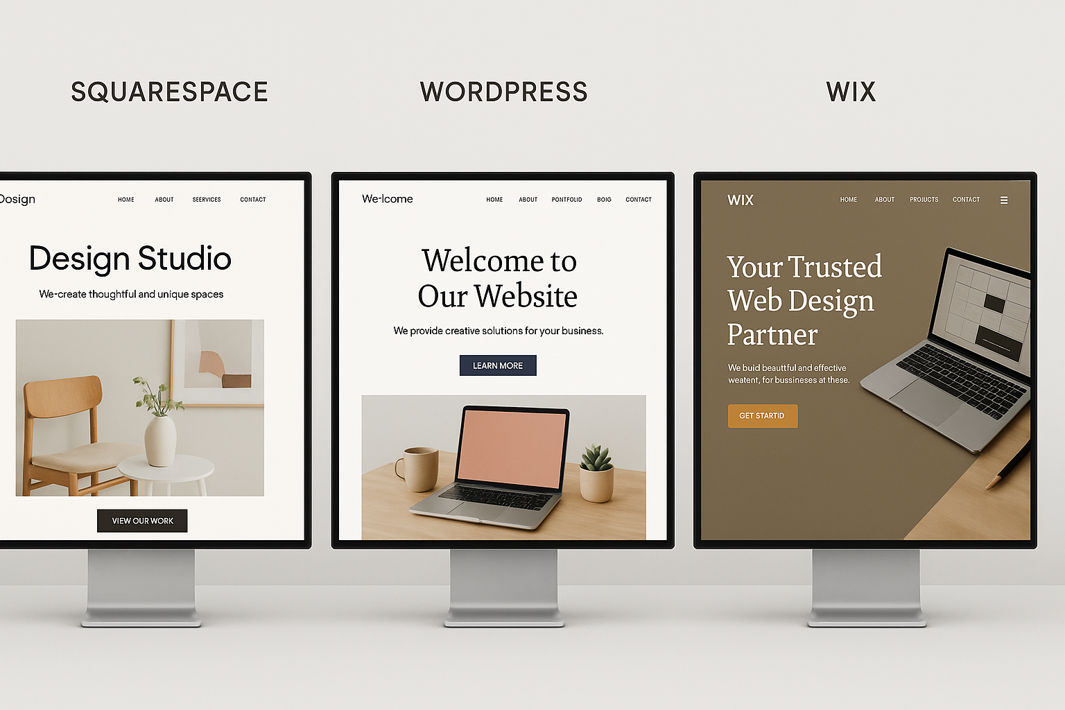 Three computer screens side-by-side, each showing a homepage built with Squarespace, WordPress, and Wix; modern, clean, and visually distinct.
