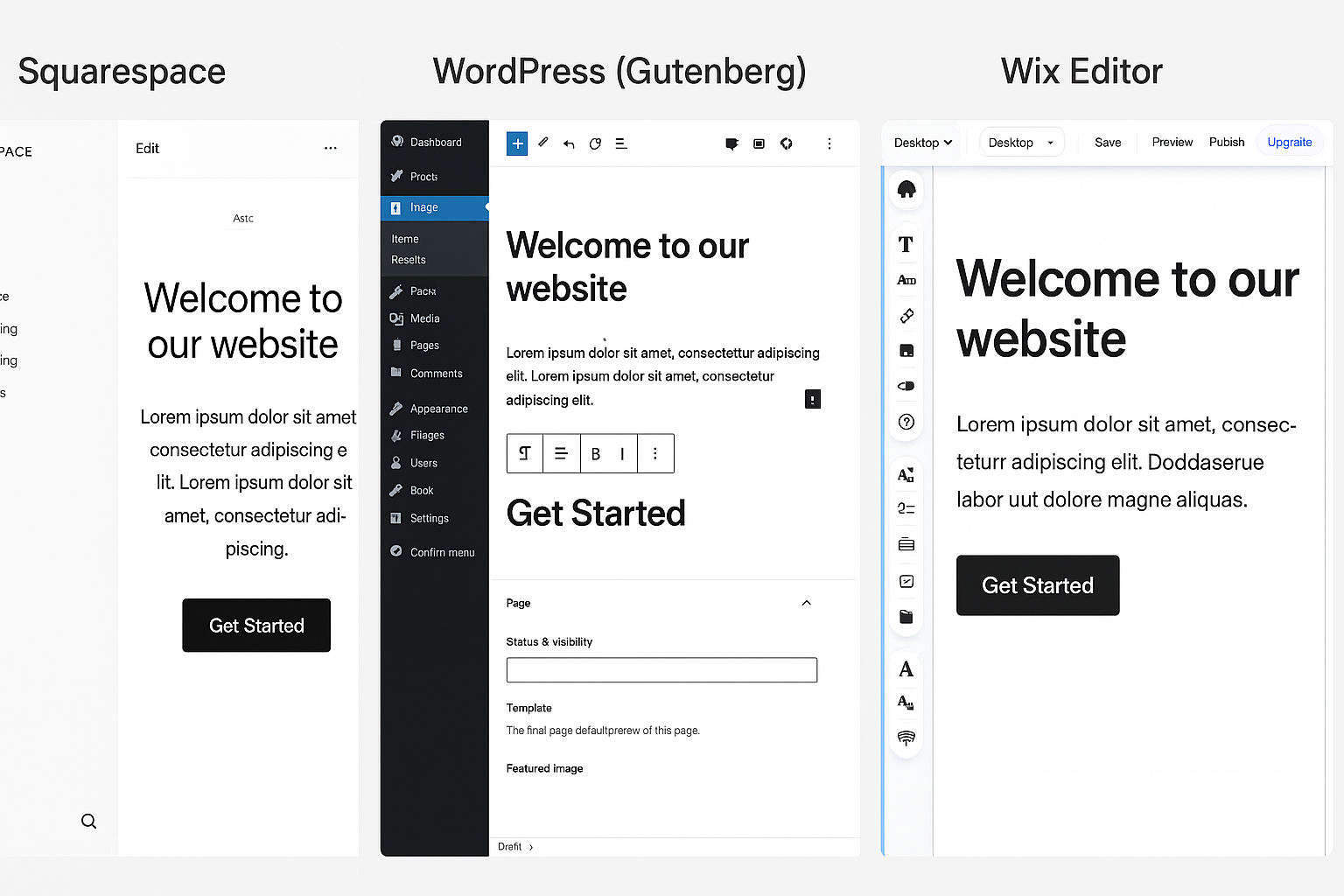 Side-by-side visual of customizing a homepage in Squarespace, WordPress Gutenberg, and Wix Editor.