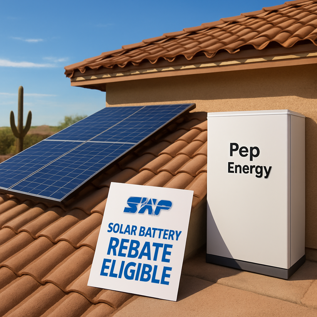 A sunny Arizona rooftop with solar panels and a sleek battery storage unit installed beside the house, showing the SRP logo on a flyer. Alt: SRP solar battery rebate eligible rooftop installation.