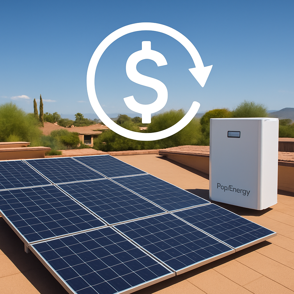 A sunny Arizona rooftop with solar panels and a sleek battery unit, showing a dollar‑sign graphic overlay representing combined rebate savings. Alt: SRP solar battery rebate paired with tax credit savings.