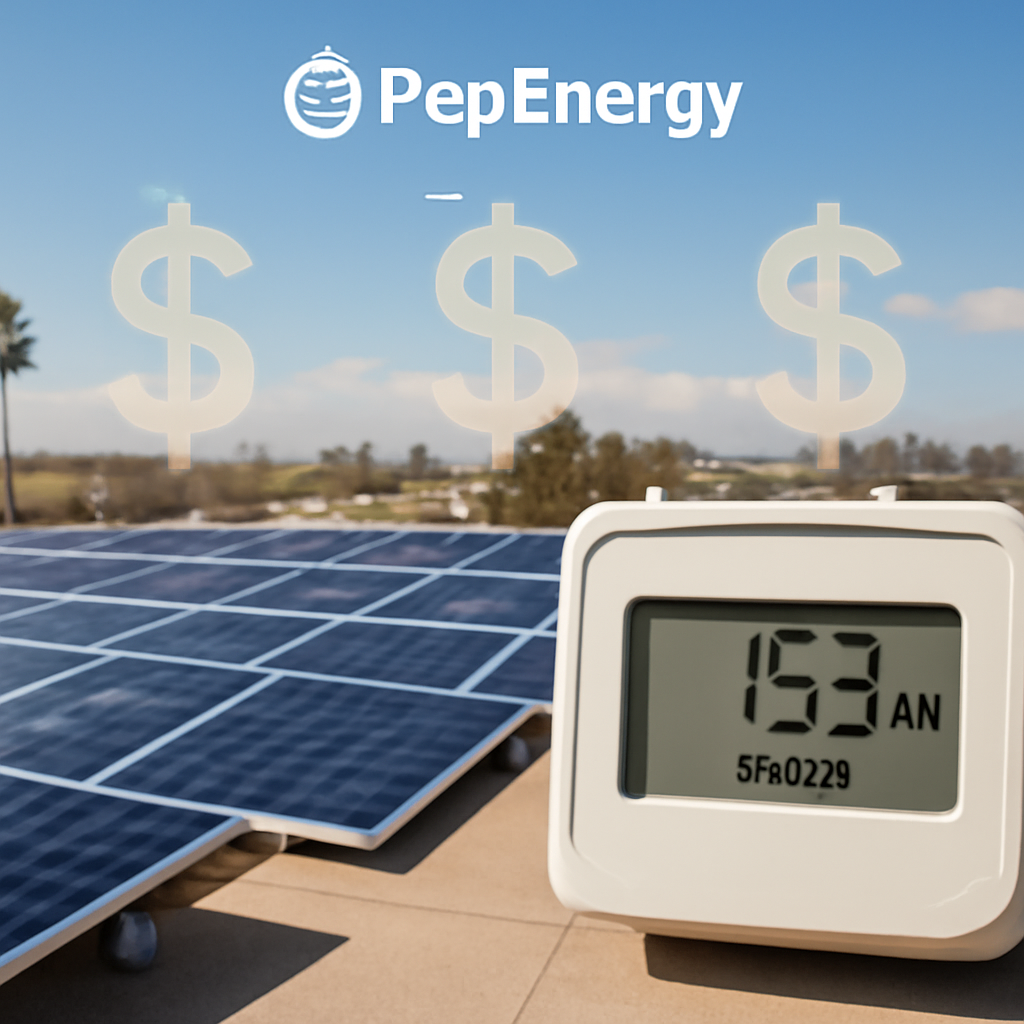 A sunny Phoenix rooftop with solar panels, a digital meter display showing exported kWh, and a subtle overlay of dollar signs indicating savings. Alt: SRP solar buyback rate explained with rooftop solar and export data.