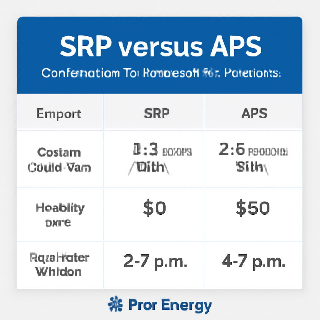 A side‑by‑side comparison chart showing SRP versus APS export credit rates, monthly fees, and peak‑hour windows for Arizona homeowners. Alt: Comparison of SRP solar buyback rate with other Arizona utilities.