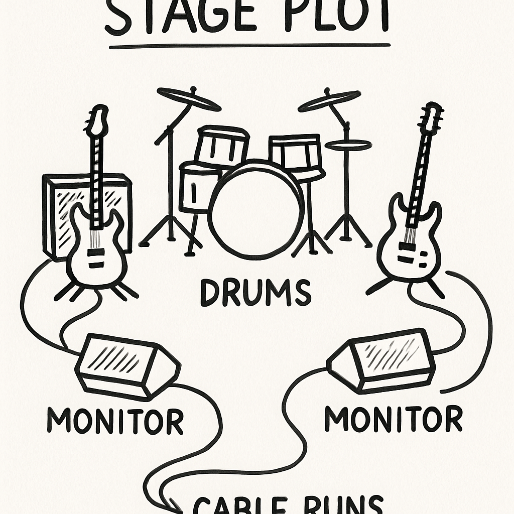 A stage plot sketch showing drums, guitars, monitors, and cable runs with clear symbols. Alt: stage plot examples diagram