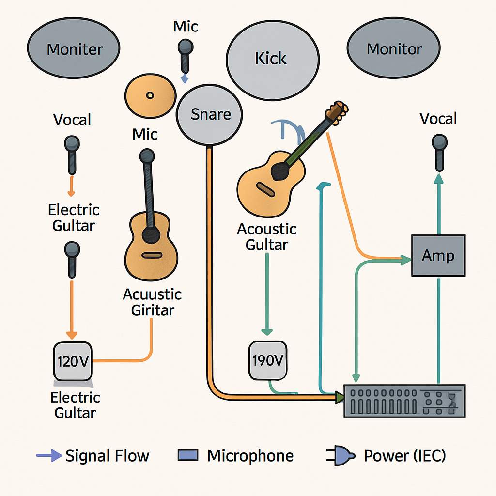 An overhead view of a stage plot with colored arrows showing signal flow from microphones to a mixing console, power icons labeled with voltage, and a clear legend at the bottom. Alt: Detailed stage plot example with technical details and signal flow.
