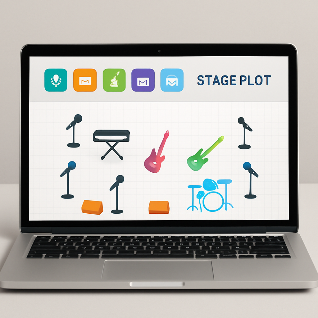 A sleek digital stage plot displayed on a laptop screen, with colorful icons for microphones, monitors, and instruments. Alt: stage plot generator free interface with drag-and-drop icons