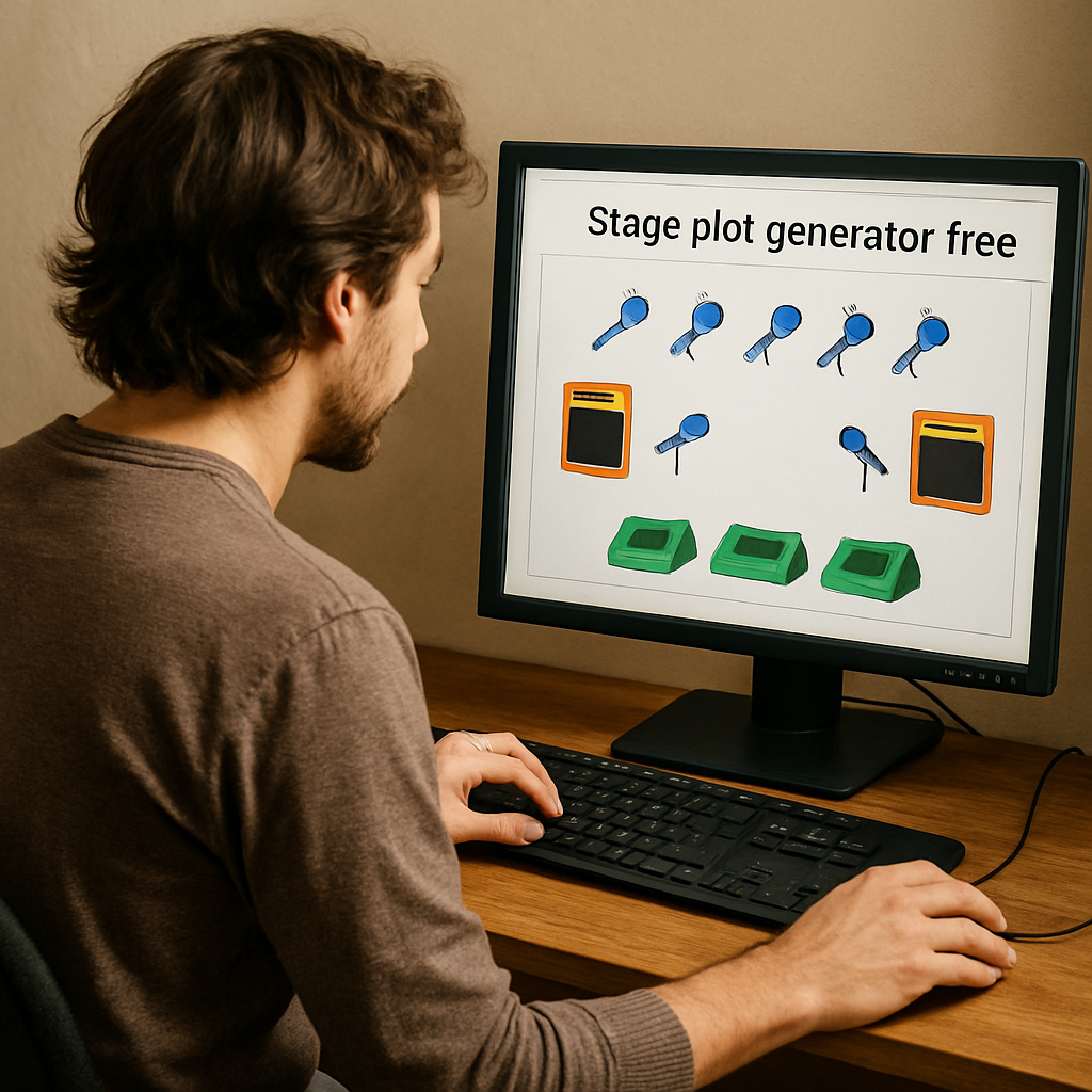 Un musicien devant un ordinateur, utilisant un stage plot generator free avec des icônes colorées représentant micros, amplis et retours d’ambiance. Alt: illustration d'optimisation de stage plot gratuit avec couleur et calques