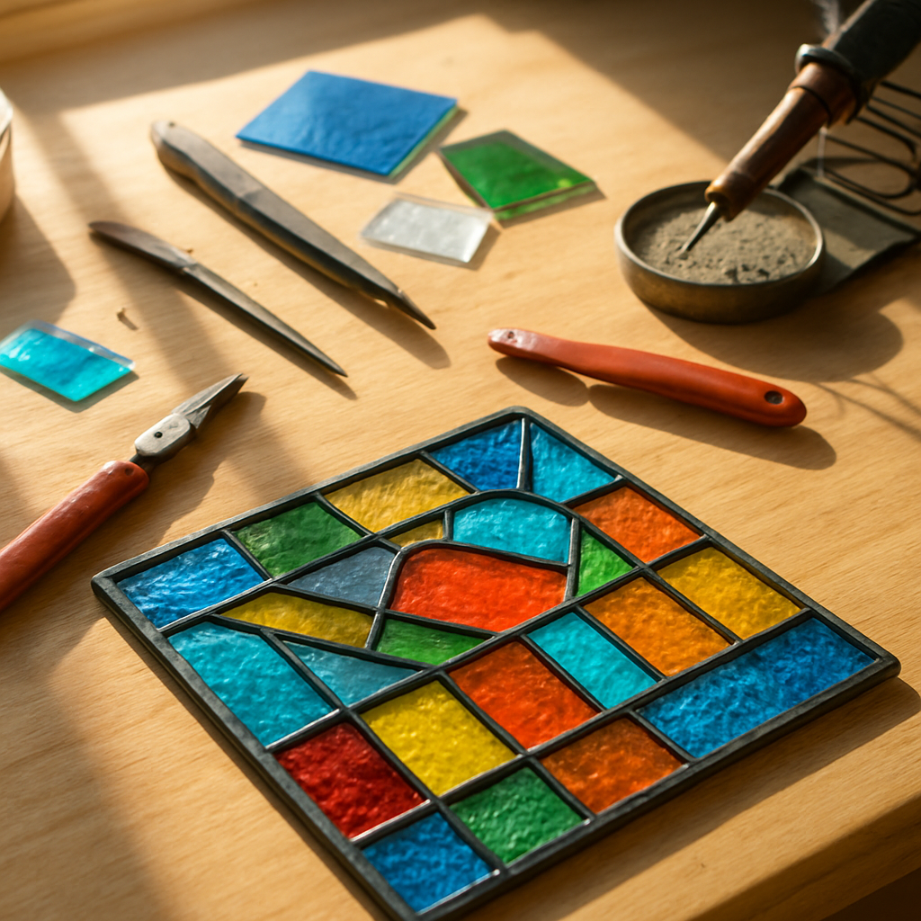 A bright, sunlit studio table with stained‑glass tools, a copper foil cutter, and a partially completed colorful glass panel. Alt: Stained glass class workspace with tools and projects.