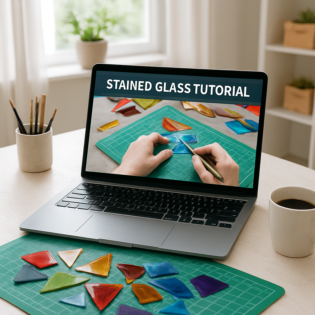A bright home studio with a laptop showing an online stained glass tutorial, a cutting mat, colorful glass pieces, and a cup of coffee nearby. Alt: Stained glass classes online motivation workspace