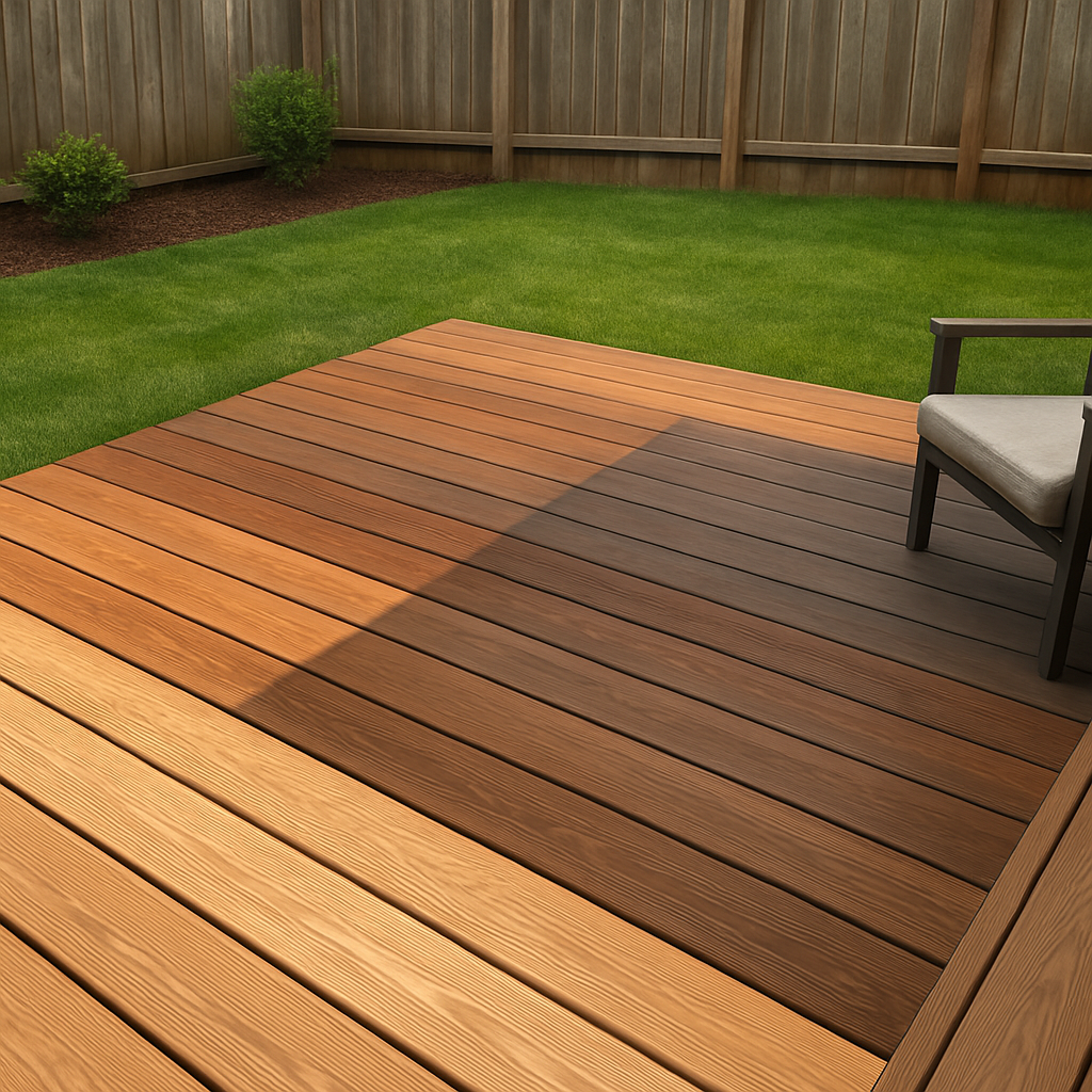 A backyard patio with a wooden deck showing different stain colors. Alt: Various wood staining finishes on a deck