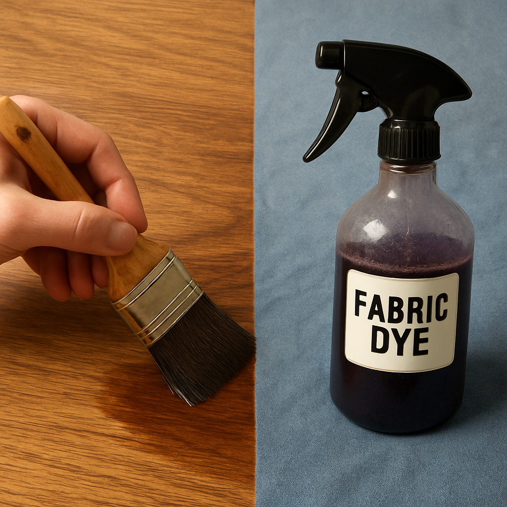 A hand applying a wood stain with a brush, next to a spray bottle with a fabric dye. Alt: Wood staining technique and fabric dye application side by side.