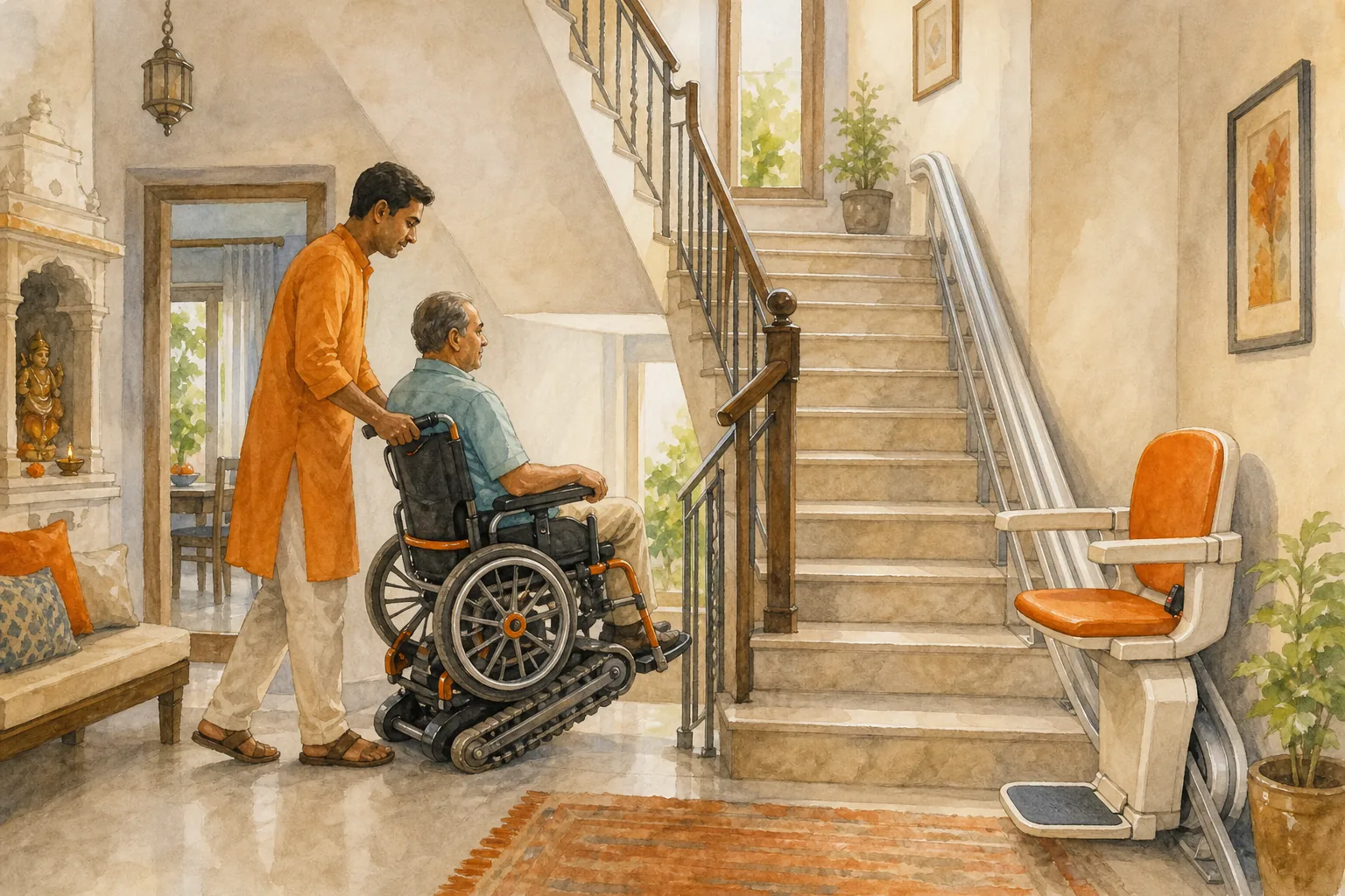 Stair-climbing wheelchair and fixed stair lift in a multi-floor Indian home.