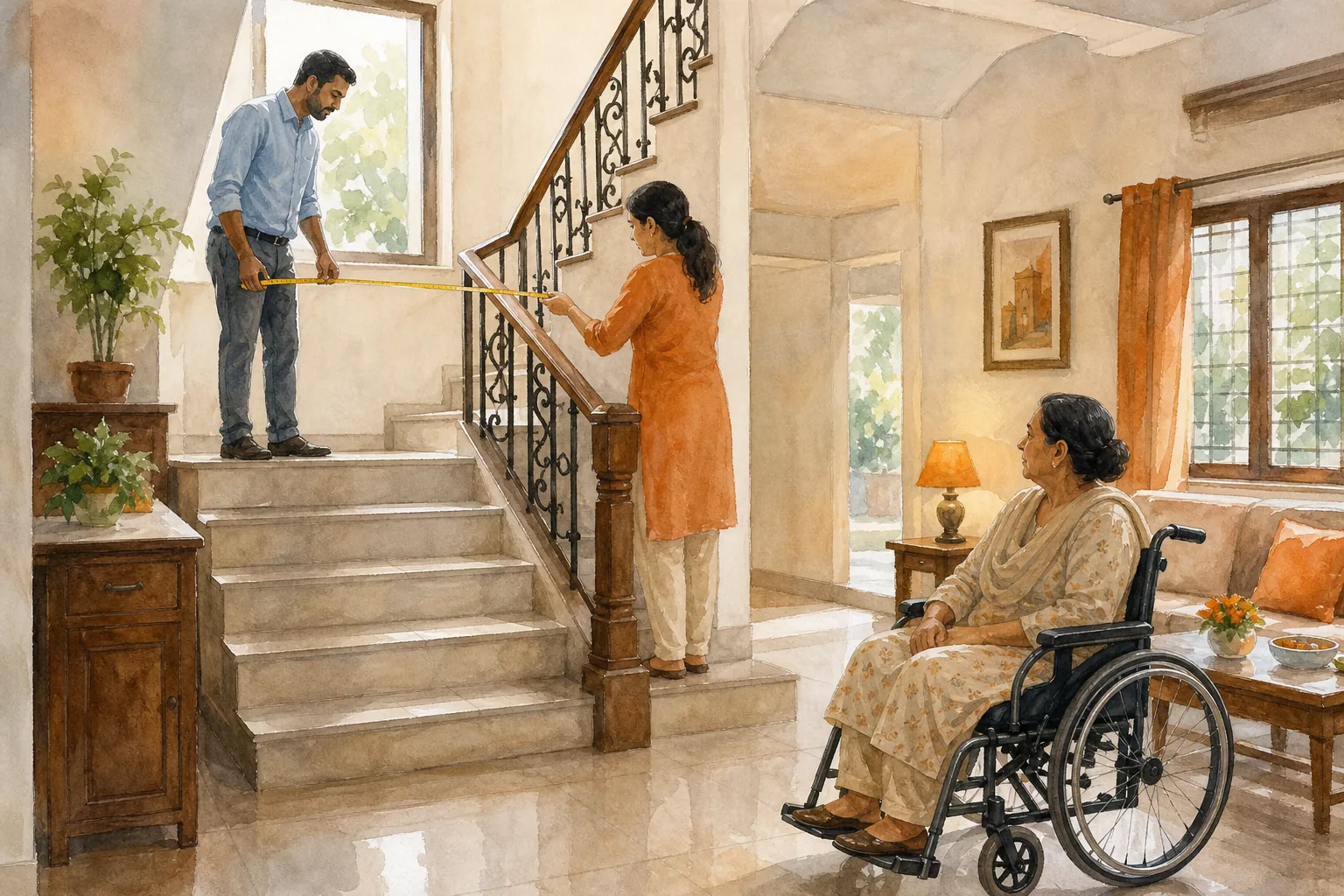 Home assessment of staircase width and landing for wheelchair rental in India.