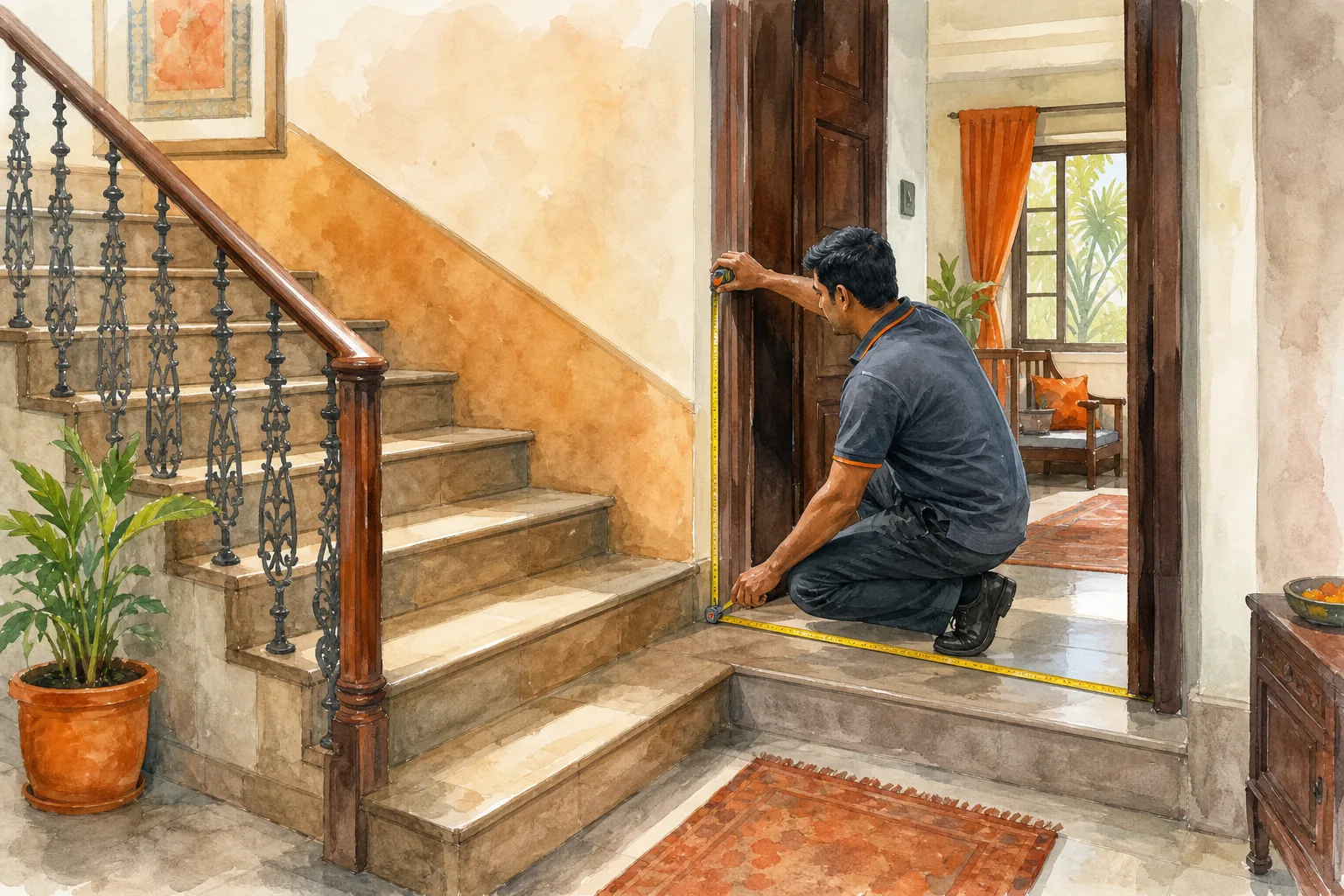 Measuring stairs and doorways for a stair-climbing wheelchair rental.