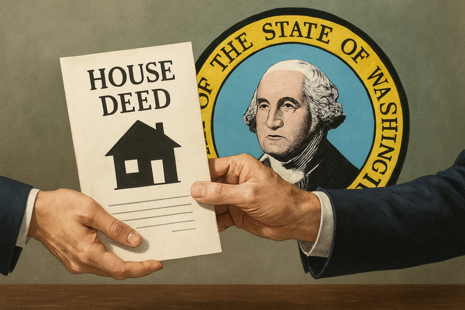 Illustration showing two hands exchanging a house deed with WA state emblem in the background. Alt: Stamp duty waiver WA property transfer
