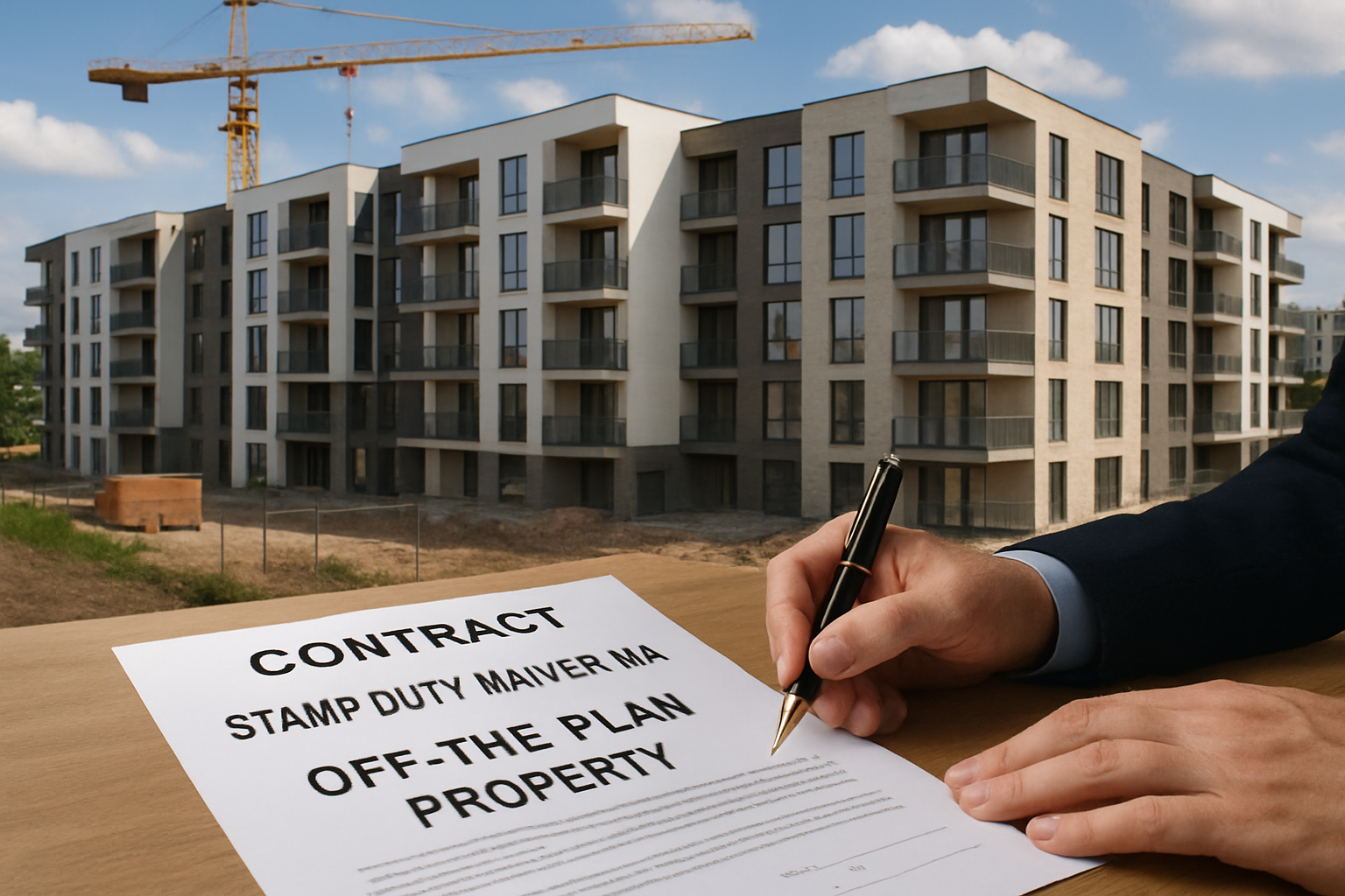Conceptual image of a new residential apartment development site with contract signing in foreground. Alt: Stamp duty waiver WA off-the-plan property