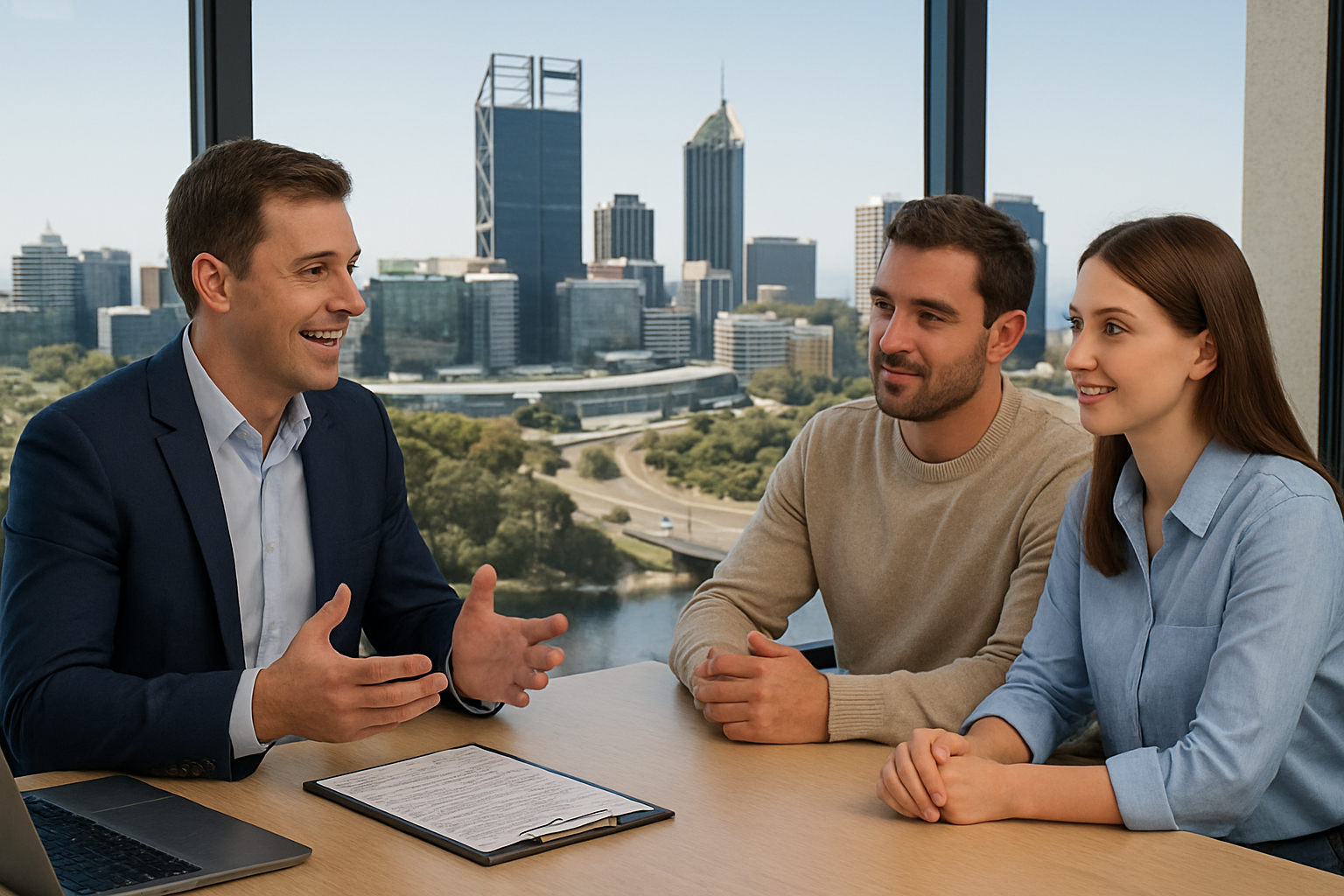 A home finance specialist consulting with clients in a modern office with Western Australian city skyline visible. Alt: Stamp duty waiver WA consultation with mortgage expert