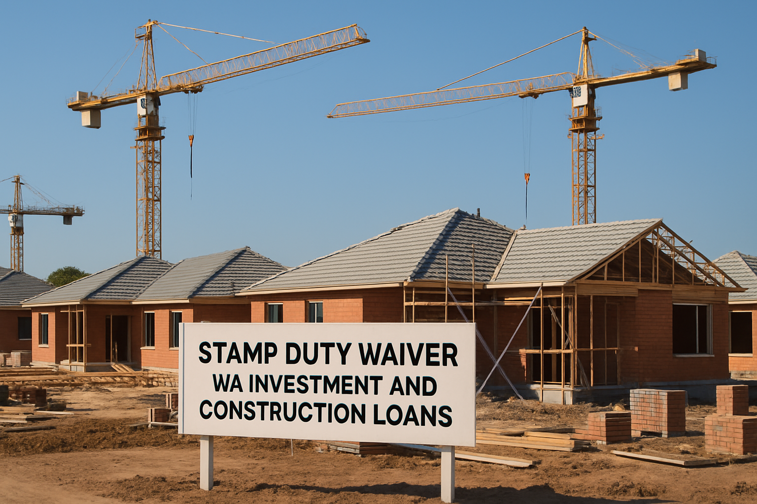 Construction site with cranes and new housing being built, signifying development opportunities in Baldivis. Alt: Stamp duty waiver WA investment and construction loans