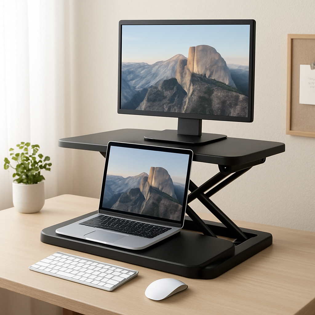 A compact standing desk converter on a small home office desk, showing a laptop and a single monitor on the raised platform. Alt: standing desk converter cheap small space solution