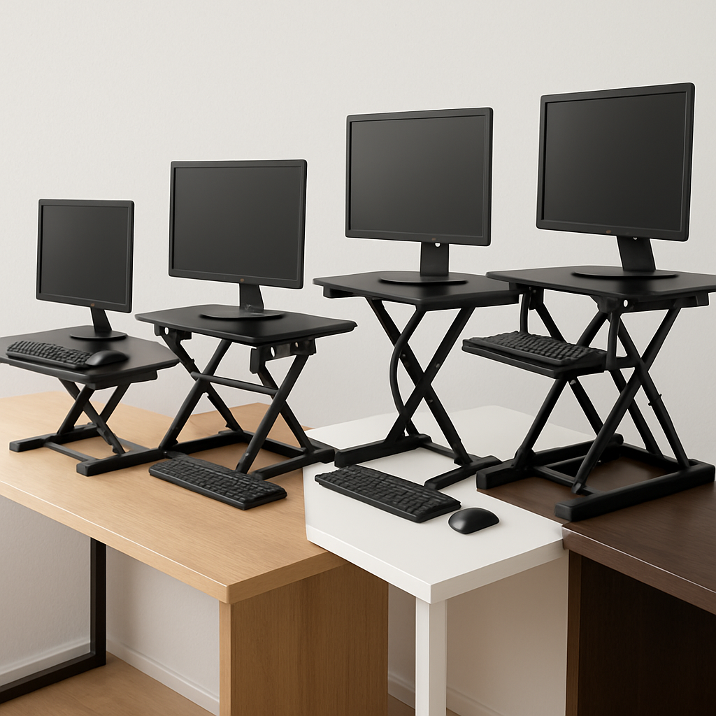 A side‑by‑side view of five standing desk converters on different desks, showing varied sizes and heights. Alt: comparison of cheap standing desk converters for home office