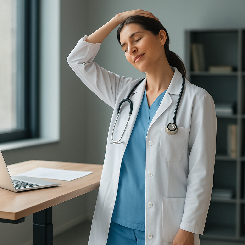 A clinician standing at a height‑adjustable desk, performing a gentle neck stretch with a relaxed expression. Alt: standing desk stretches neck and shoulder release for healthcare professionals