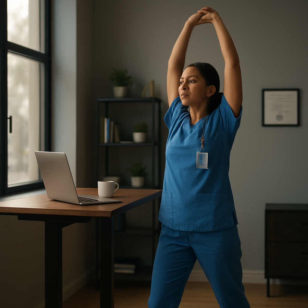A clinician performing a full-body stretch at a standing desk, arms overhead, legs slightly bent. Alt: full-body standing desk stretch for healthcare professionals.