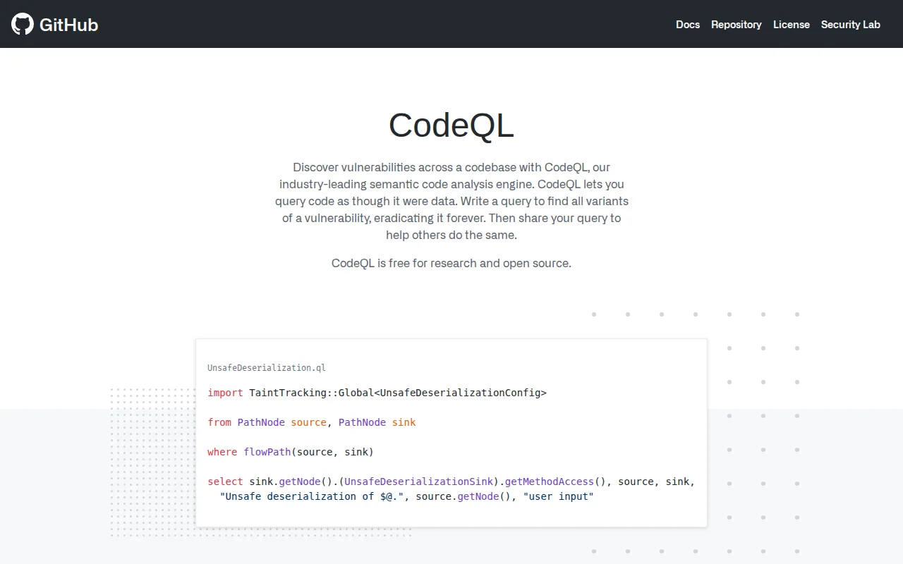 Screenshot of the CodeQL website