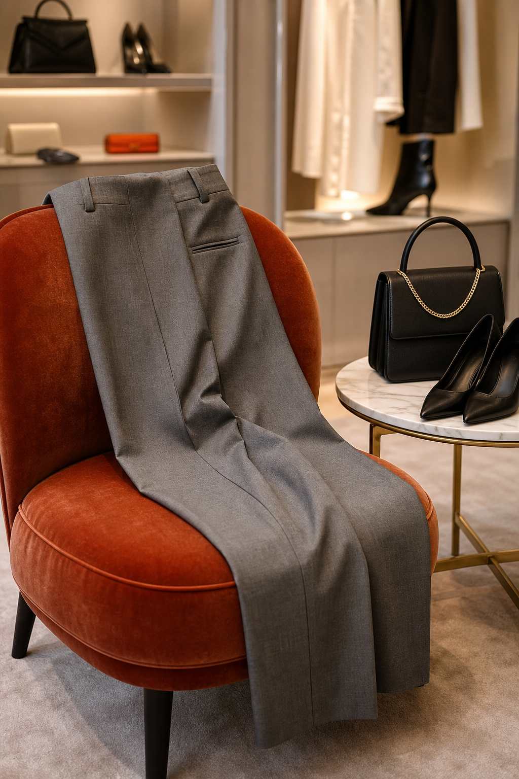 A luxury editorial shot of a pair of Stella McCartney trousers draped elegantly over a velvet chair in a soft-lit London boutique. Alt: Pre-owned Stella McCartney trousers at CSD boutique.