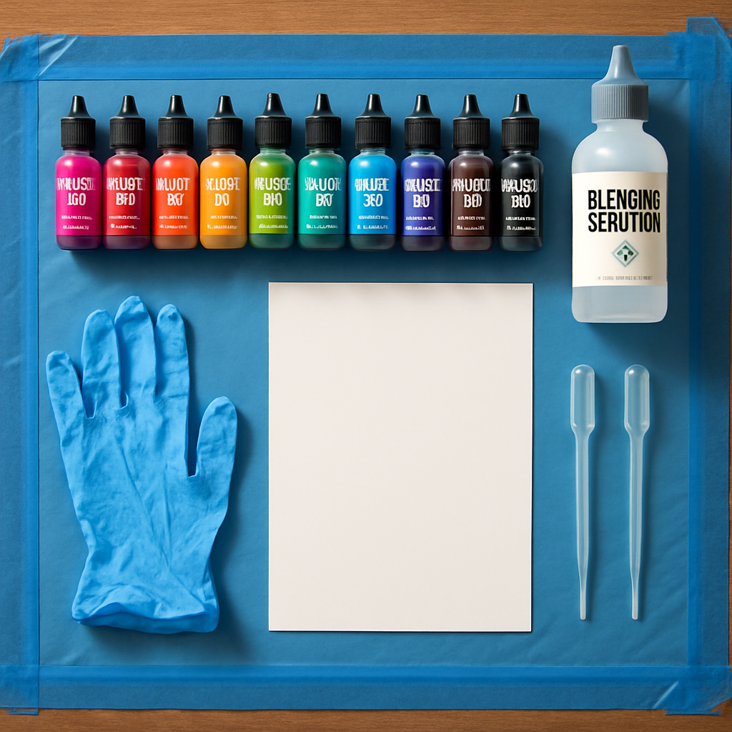 A vibrant flat lay of alcohol inks, Yupo paper, blending solution, droppers, gloves, and sealed workspace, ready for an alcohol ink art session. Alt: Step by step alcohol ink art tutorial materials including inks, Yupo paper, and blending solution.