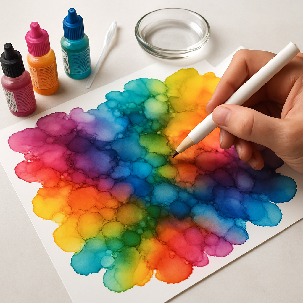 Vibrant alcohol ink artwork in progress on Yupo paper showing layered colors and textures. Alt: Step by step alcohol ink art tutorial demonstrating the creation of a colorful layered artwork on Yupo surface.