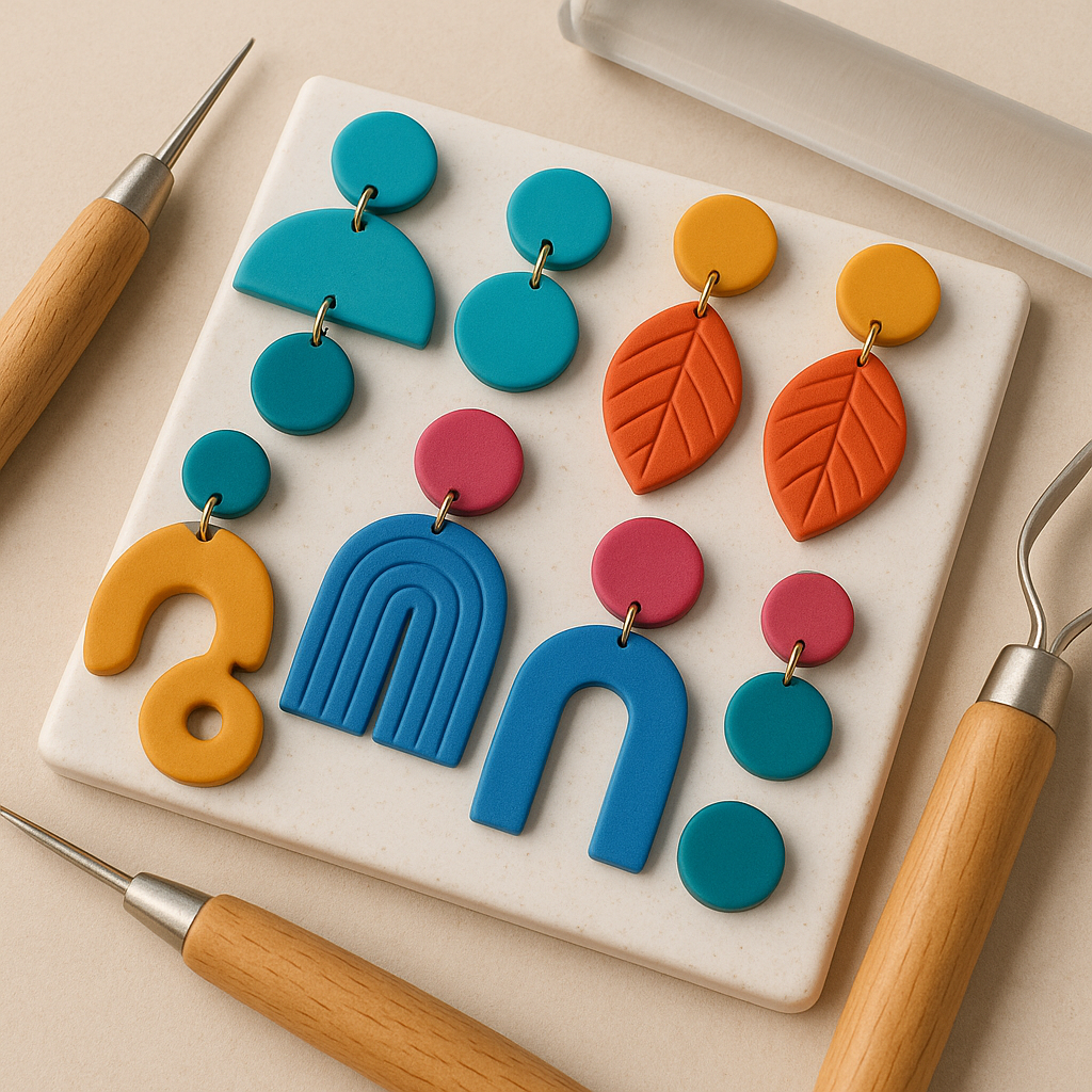 Closeup of colorful polymer clay jewelry pieces neatly arranged on a ceramic tile with tools around. Alt: DIY polymer clay jewelry tutorial showing vibrant handmade clay earrings and tools.