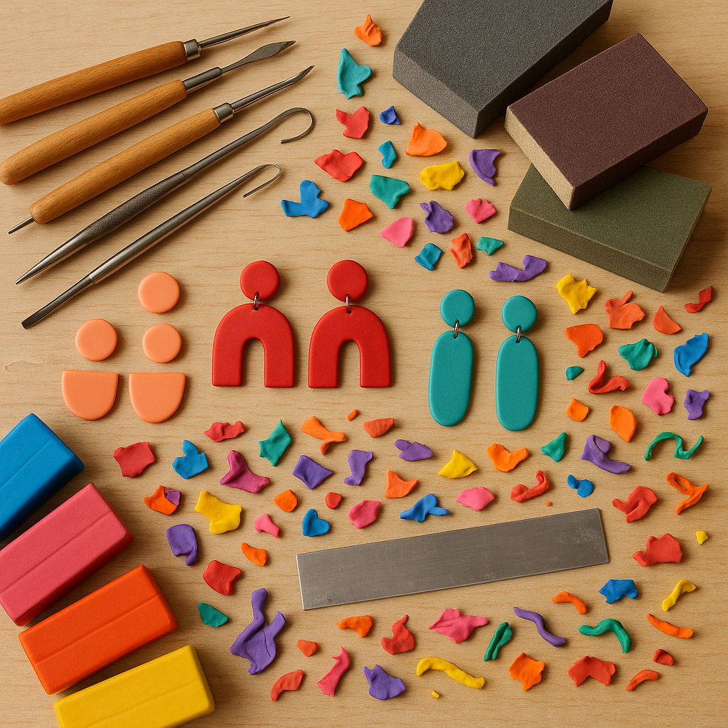 An artist’s workspace with polymer clay tools, small clay earrings in progress, sanding blocks, and colorful clay scraps. Alt: DIY polymer clay jewelry tutorial workspace with creative tools and clay accessories.