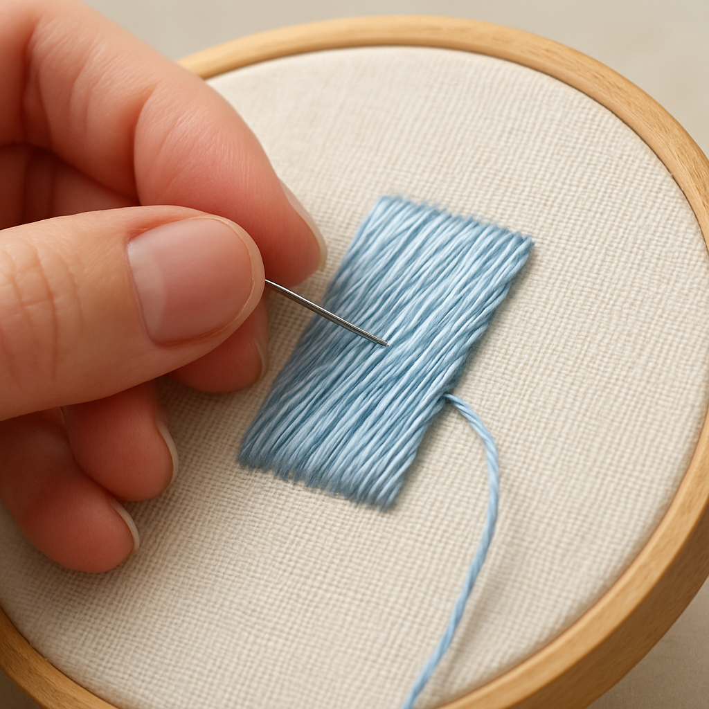 A close‑up of a hand holding a satin‑weight thread on a taut embroidery hoop, showing the smooth, glossy satin stitches. Alt: embroidery satin stitch tutorial, close-up of satin stitches on fabric