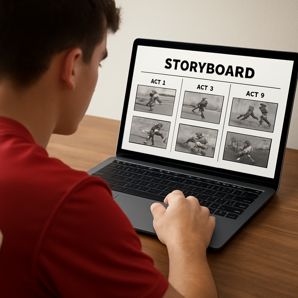 A high‑school athlete reviewing a storyboard on a laptop, with clip thumbnails arranged in a three‑act layout. Alt: How to plan footage and storyboard for a Hudl highlight video