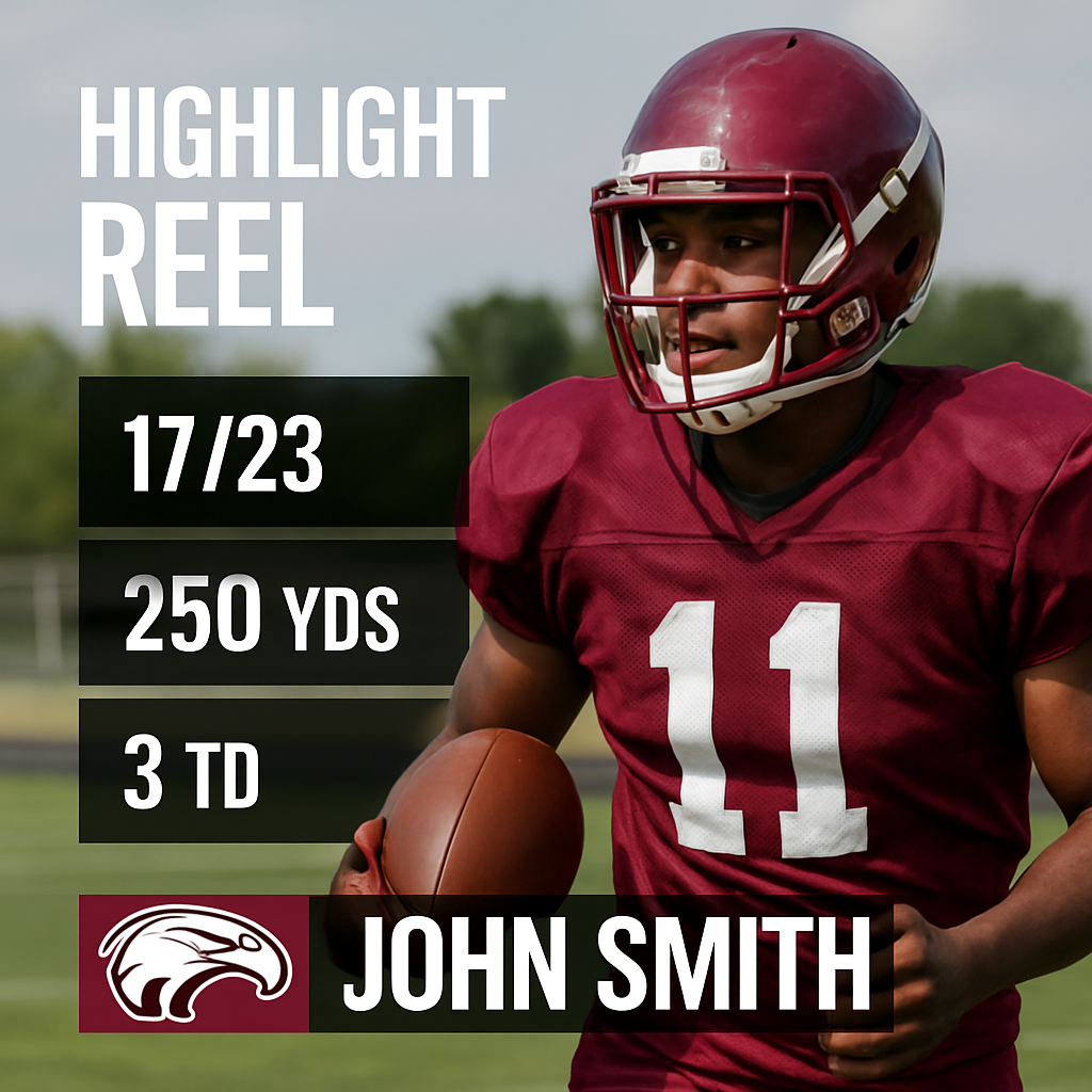 A high‑school athlete’s highlight reel with overlaid stats and team logo. Alt: hudl highlight video graphics and branding