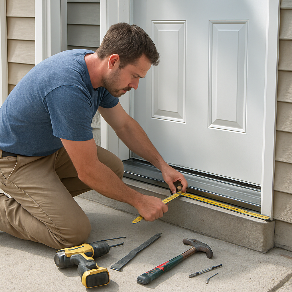 A photorealistic scene of a homeowner kneeling on a porch, measuring and installing a new exterior door threshold with tools spread around, bright daylight, realistic textures, Realism style, showcasing the step‑by‑step process described in the article. Alt: How to replace exterior door threshold step 1 preparation and tools.