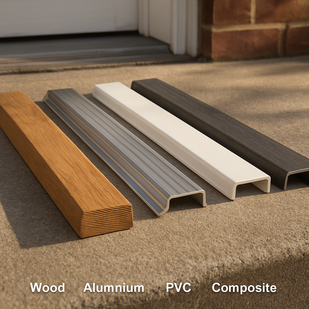 A photorealistic close‑up of a homeowner comparing wood, aluminum, PVC, and composite door thresholds laid side by side on a Virginia Beach porch, morning light highlighting texture and color variations, Realism style. Alt: Comparing exterior door threshold materials for DIY installation.