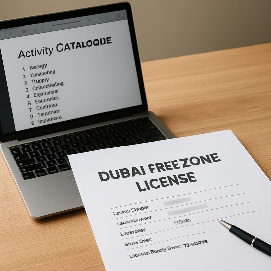 A desk with a Dubai free zone licence, a laptop showing a PDF of activity catalogue, and a pen ready to annotate. Alt: Reviewing a Dubai free zone licence to add a new business activity.