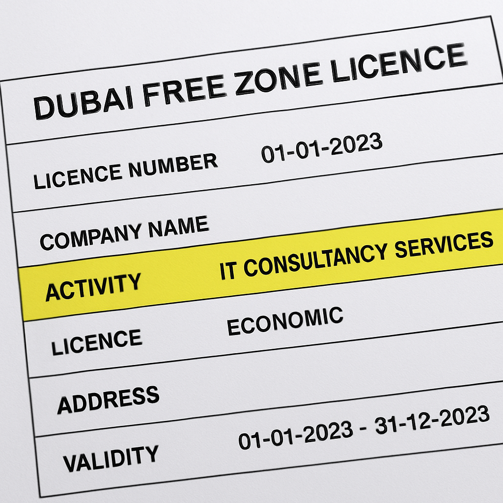 A close‑up of a Dubai free zone licence PDF with the new activity line highlighted in bright yellow. Alt: Updated Dubai free zone licence showing added activity for a business.