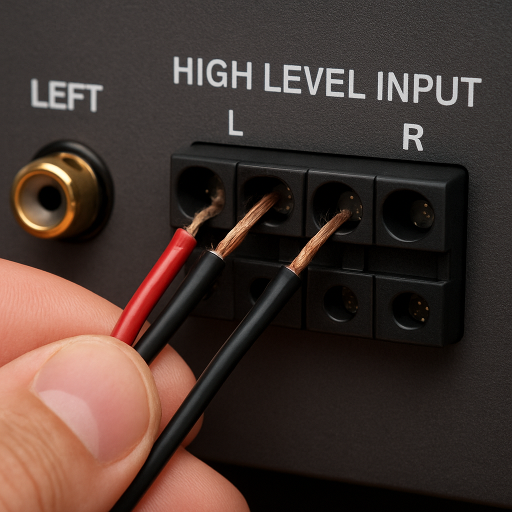 A close‑up of speaker‑level wires being spliced into an amplifier high‑level input. Alt: wiring amp to factory radio step illustration.