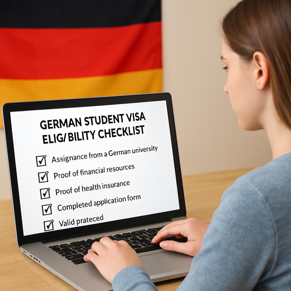 A student reviewing German visa checklist on a laptop, with German flag in background. Alt: German student visa eligibility checklist