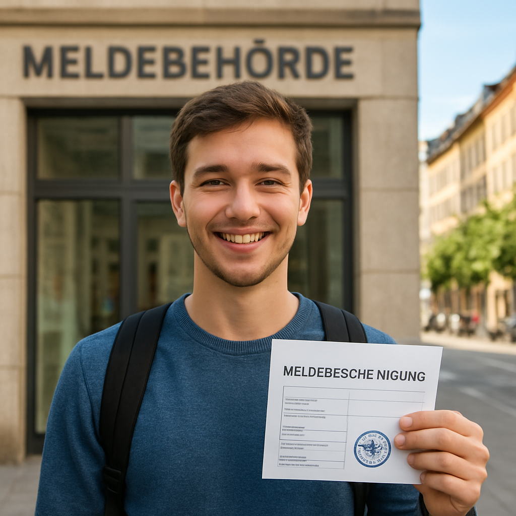 A friendly student standing in front of a German registration office holding a stamped Meldebescheinigung, bright city background. Alt: German student visa registration at local office