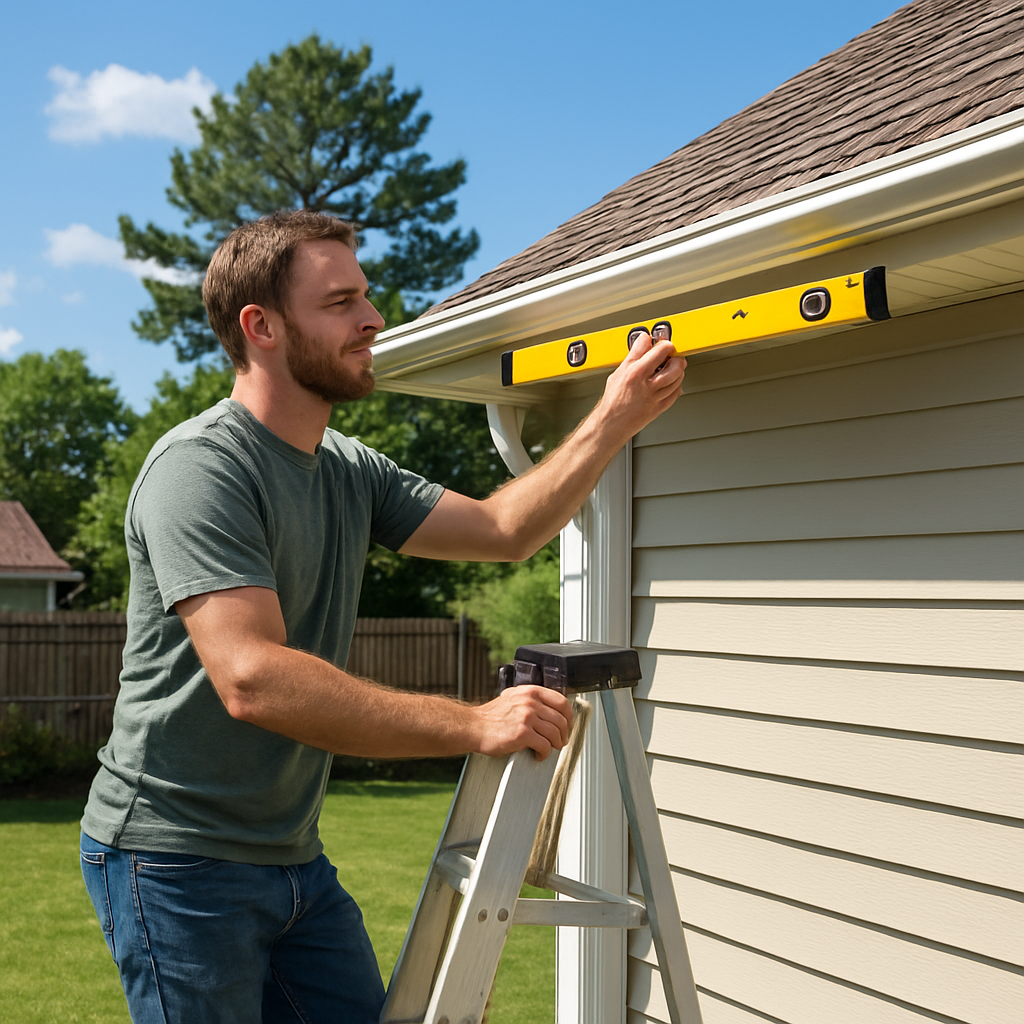 A homeowner standing on a ladder, measuring the slope of a gutter with a level, sunny Virginia Beach backyard. Alt: Assessing gutter pitch and condition for proper gutter installation.