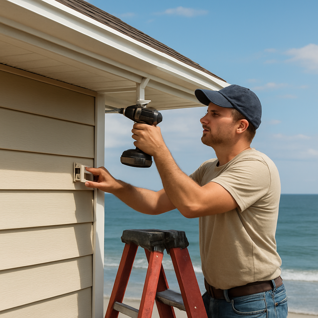 A homeowner on a ladder attaching a gutter bracket to a house’s fascia, showing the slight slope of the gutter and the sea in the background. Alt: Installing gutters with proper pitch and brackets for a Virginia Beach home.