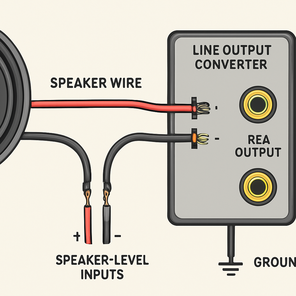 A detailed illustration of a car’s speaker wires being spliced into a line output converter, showing proper polarity and grounding. Alt: line output converter wiring diagram with clear labeling of speaker-level inputs, ground, and RCA outputs.
