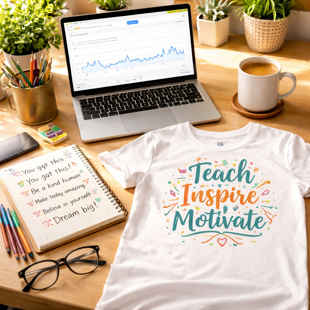 A photorealistic scene of a bright home office desk with a laptop open to a Google Trends chart, a notebook with handwritten motivational quote ideas, and a sample motivational quote t‑shirt laid flat beside a coffee mug. The setting reflects a busy parent or teacher preparing a print‑on‑demand design. Alt: Motivational quote t‑shirt print on demand ideas displayed on a desk.